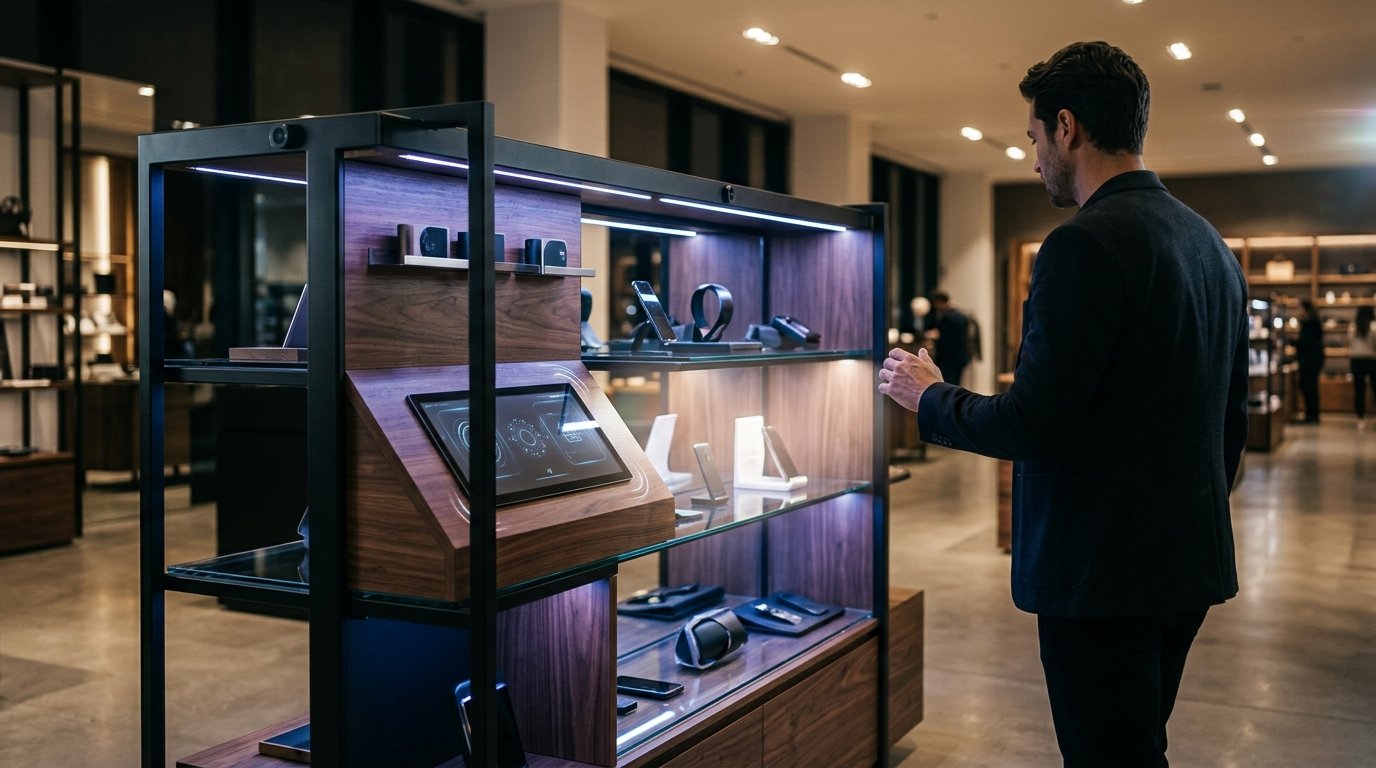 Client interagissant avec un présentoir intelligent connecté en boutique